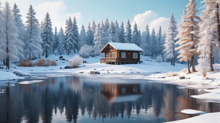 A serene winter landscape with snow-covered trees, a frozen lake, and a cozy cabin. Generative AI.