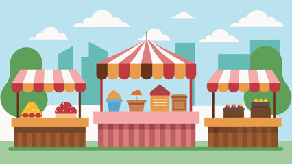 The block is lined with various booths and stands offering tasty treats and handmade crafts for purchase.. Vector illustration