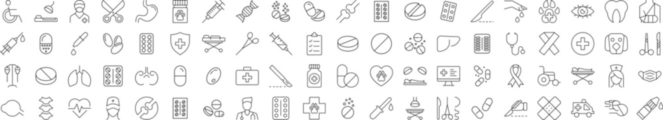 Collection of Line Icons of Medicine, Healthcare, Veterinary for Adverts. Suitable for books, stores, shops. Editable stroke in minimalistic outline style. Symbol for design