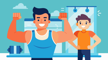 In the at the gym a man flexes his muscles while his partner looks on with a proud smile cheering him on and boosting his confidence.. Vector illustration