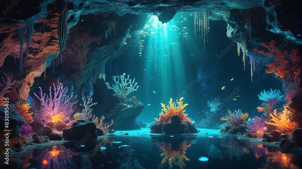 Wall mural A mystical underwater cave with glowing crystals and exotic sea creatures. Generative AI.