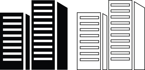 Building icon set containing house, office, bank, school, hotel, shop, university, city, real estate and hospital symbol. Solid flat and line black vector collection isolated on transparent background