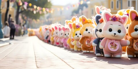 Colorful parade with cute cartoon animals fun atmosphere floppy ears big whiskers. Concept Cartoon...