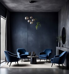 Living room or business lounge in deep dark colors with blue navy and gray furniture, empty wall mockup with black paint and decorative wood, luxury interior design reception room, 3D render

