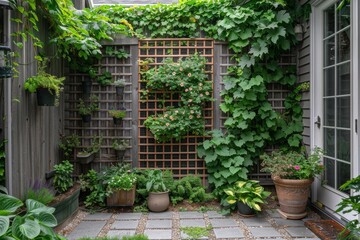 A small garden with a wooden fence and a trellis