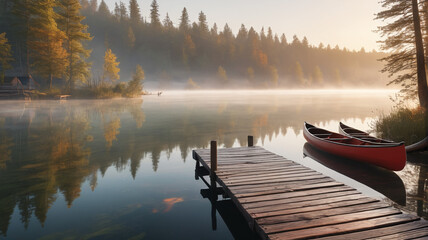 A serene lakeside scene with a wooden dock, canoes, and mist rising from the water at dawn. Generative AI.