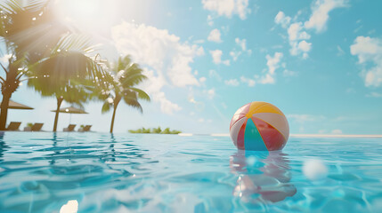 Summer holidays background with colorful beach ball floating on luxury swimming pool and copy space.