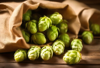 A close-up of fresh hop cones in a burlap bag on a wooden table
