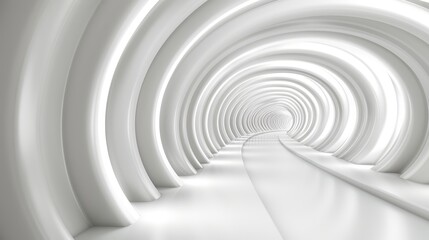  The very long white tunnel is lit by the bright light at its end
