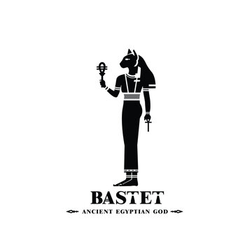 Ancient egypt god of protection bast silhouette, middle east ruler cat with crown and death symbol