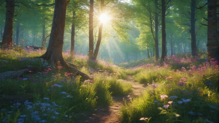 Obraz premium A mystical forest glade with sunlight filtering through the trees and wildflowers blooming. Generative AI.