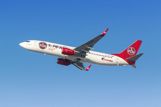 Corendon Airlines Boeing 737-800 airplane at Dubai Airport in the United Arab Emirates 1. FC N&uuml;rnberg special livery