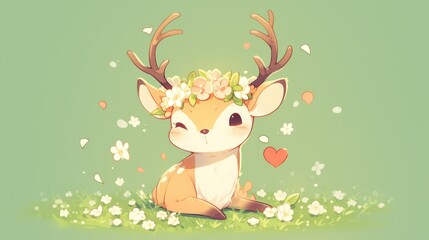 A charming deer sporting a floral crown on its head exuding love in an adorable kawaii fashion