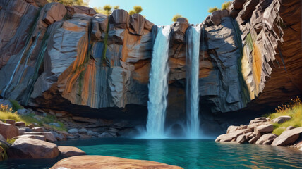 Fototapeta premium A majestic waterfall cascading down rugged cliffs into a crystal clear pool below. Generative AI.