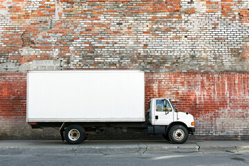 White Box Truck Parked Against Red Brick Wall