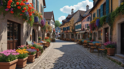 Fototapeta premium A bustling city square with historic architecture, street performers, and bustling cafes. Generative AI.