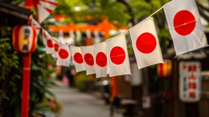 Japanese flag banners displayed with pride alongside traditional red circle lanterns in a serene alley, celebrating Japans rich cultural heritage.