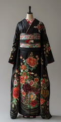 A woman wearing a black kimono with red and gold floral embroidery.