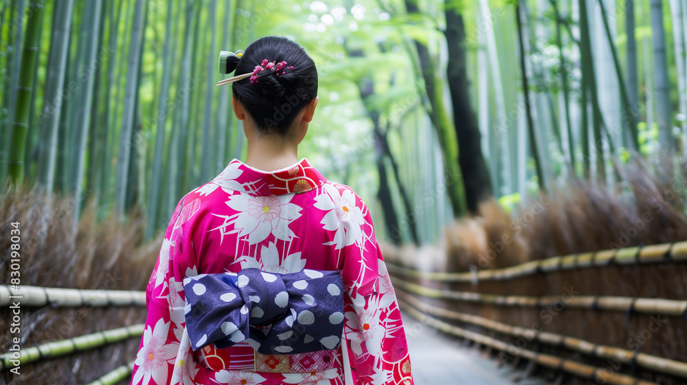 Sticker 竹林を歩く浴衣の日本人女性