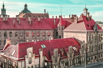 Close-up of the Romanesque-style Lviv fire station, Ukraine. A masterpiece by Juliusz Hohberger and...