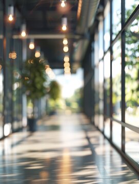interior of office, Beautiful blurred background of a light modern office hall, panoramic windows and beautiful lighting