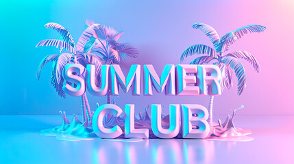 Obraz premium A colorful image of a tropical beach with palm trees and word Summer club at sunset