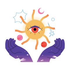 Astrology in hands. Hands holding the Sun and other planets. Vector flat illustration