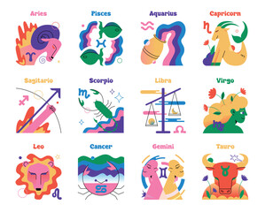 Set of the colorful psychedelic Zodiac Signs. Vector flat illustration.