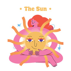 The Sun Astrological Illustration. Woman sitting in the lotus position and holding the Sun in her hands.