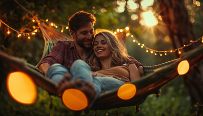 Couple relaxing together on a hammock at summer sunset