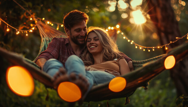 Couple relaxing together on a hammock at summer sunset