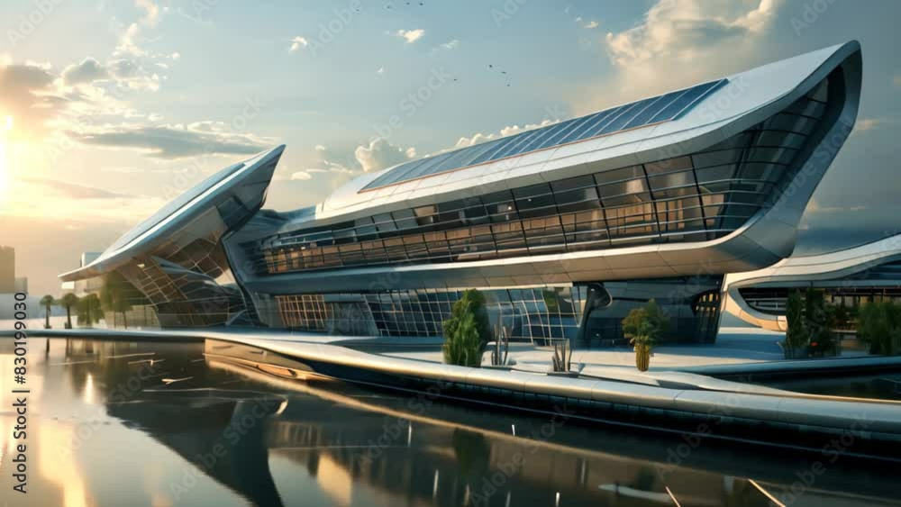 Poster artistic rendering of a futuristic school building with sleek metallic architecture, a futuristic sc