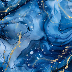 Abstract Sapphire and Gold Ink Swirls with Silver Accents