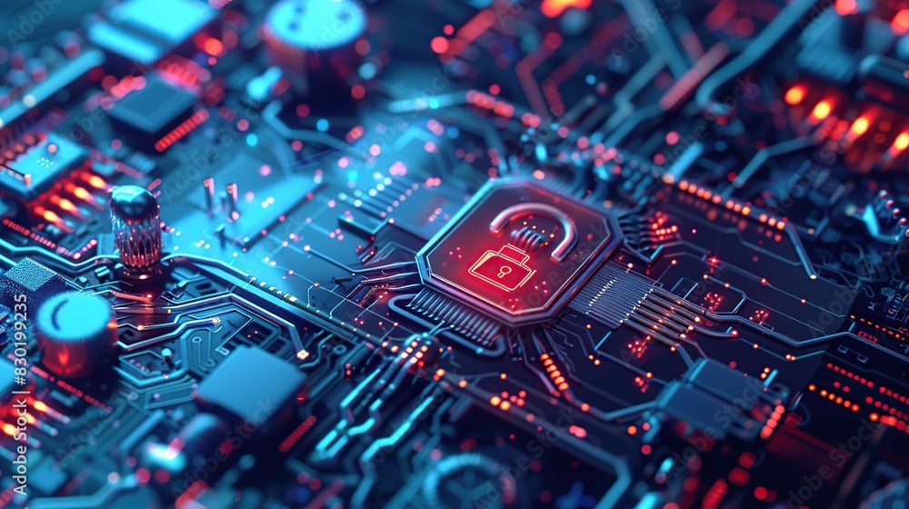 Poster Integrated circuit authentication online, padlock authorization and cyber security concept.