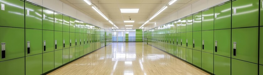 Green lockers in a pristine hallway, fluorescent overhead lights, shiny wooden floors, modern school design
