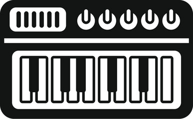Vector illustration of a mini electronic synthesizer keyboard icon in black and white, perfect for music production, studio technology, and midi control