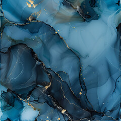 Abstract Sapphire and Gold Ink Swirls with Silver Accents