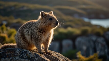 Obraz premium Quokka sits on a rock during sunset, enjoying views of the landscape and relaxing in its natural habitat