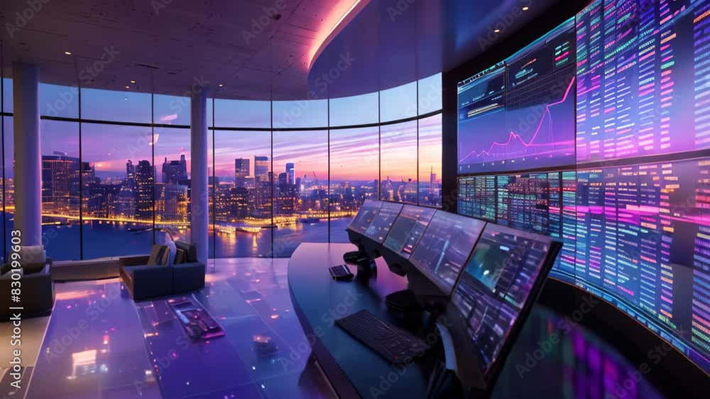 Poster a large monitor displays financial forecasting data in a room with a view of the city skyline, a fut