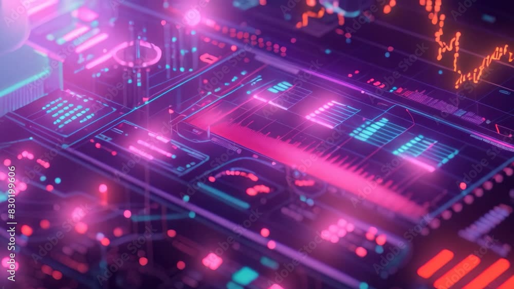 Poster close-up view of a computer keyboard with colorful lights shining, creating a futuristic ambiance, a