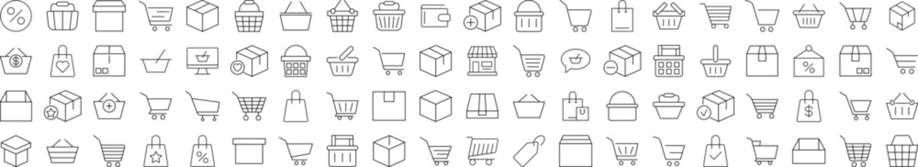 Line Signs of Shops, Stores, Shopping Cart and Shopping Basket for Advertisement. Suitable for books, stores, shops. Editable stroke in minimalistic outline style. Symbol for design