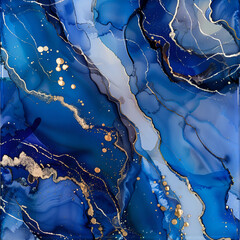 Abstract Sapphire and Gold Ink Swirls with Silver Accents