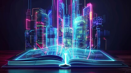 Abstract open book with futuristic city hologram, digital education, tech elements, glowing neon lights, night scene