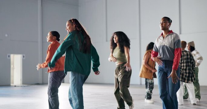 Dance, learning and studio for hip hop lesson, performance practice and movement together in rehearsal and speaking. Teaching, dancing and counting for beat, routine and support with friend or energy