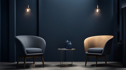 Living room or business lounge in deep dark colors with blue navy and gray furniture, empty wall mockup with black paint and decorative wood, luxury interior design reception room, 3D render

