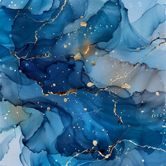 Abstract Sapphire and Gold Ink Swirls with Silver Accents