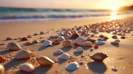 A tranquil beach at sunset with golden sand, gentle waves, and colorful seashells scattered about....