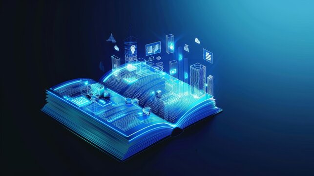 Abstract schoolbook with AIgenerated holograms, city icons, futuristic design, digital learning, hightech glow