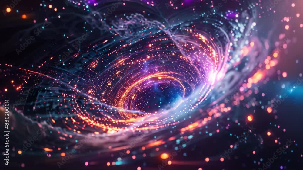 Poster a swirling pattern in blue and orange colors creating an abstract video, a galaxy of data swirling a