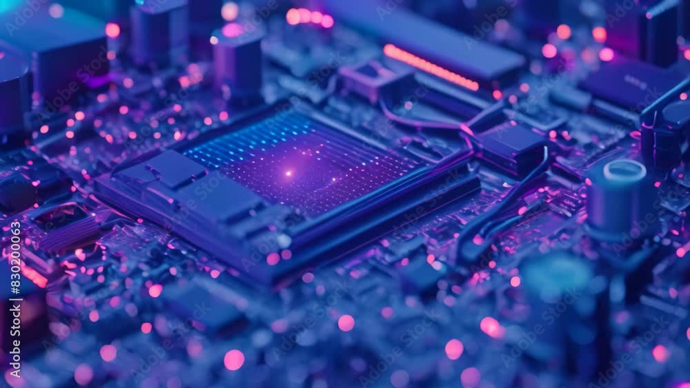 Poster detailed view of a computer motherboard with various components such as cpu, ram slots, and connecto